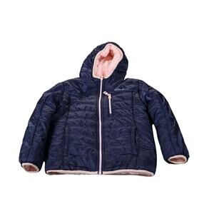 Eddie Bauer Jacket Girls M Navy Blue Pink Hooded Puffer Quilted Fleece Lined